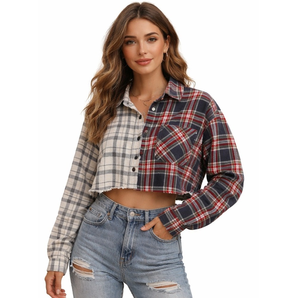 RSQ Split Plaid Cropped Flannel Button Shirt Blue Red Cream XL